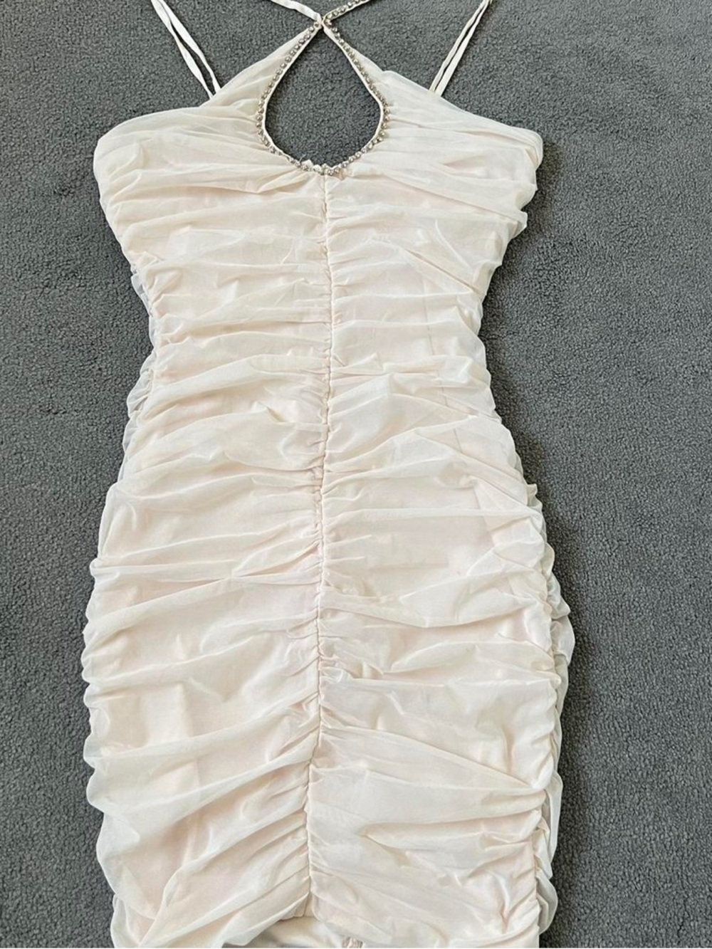 Oh Polly Elegant Ruched Halter Midi Dress in Light Cream